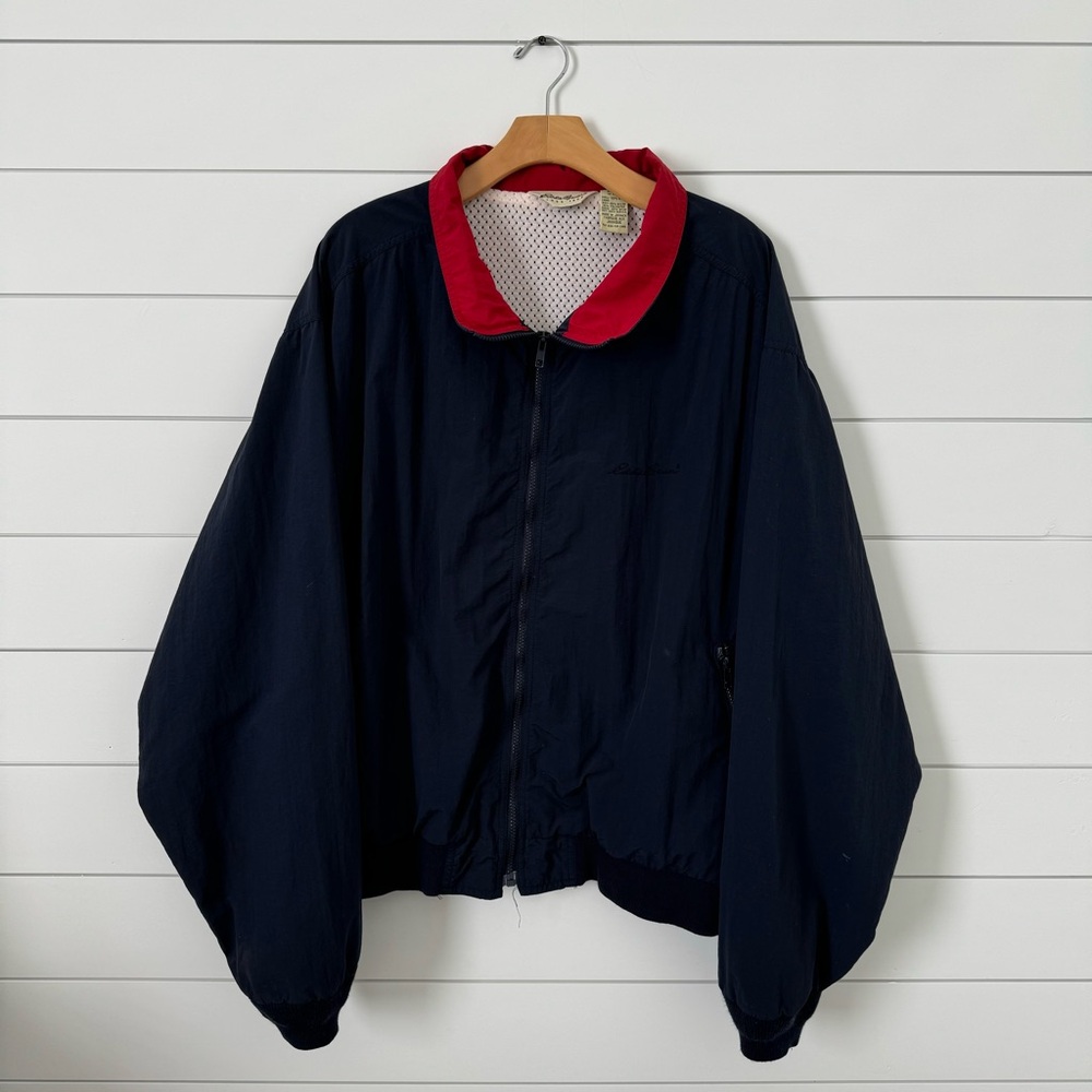 VTG 90s Eddie Bauer Navy Lined Jacket w/ Red Collar Embroidered Spellout | 2XL